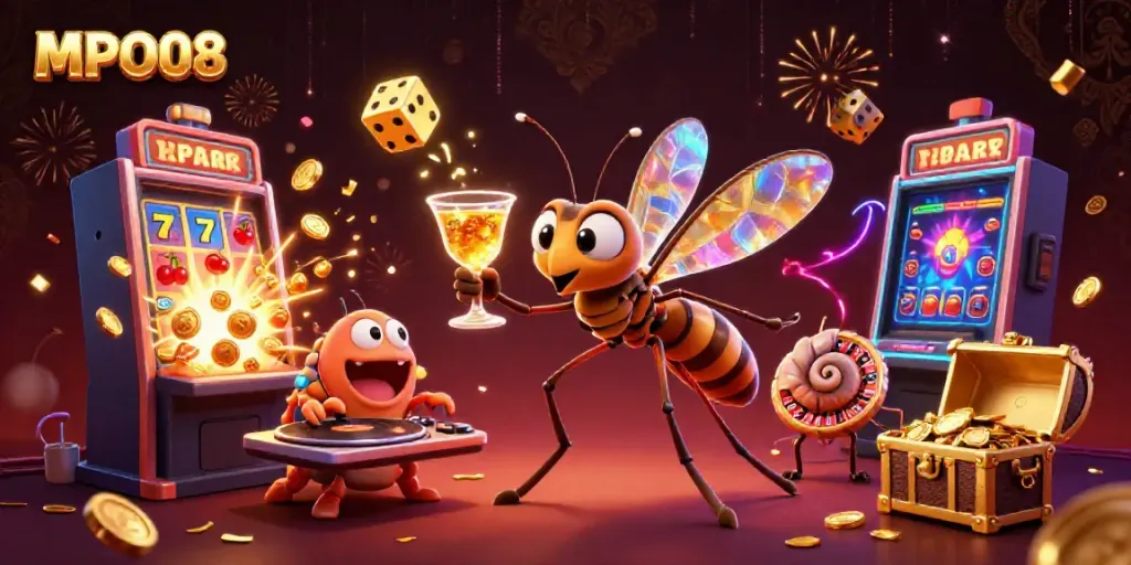 Experience thrilling moments with MPO08's 3D casino illustration showcasing vibrant gaming elements.