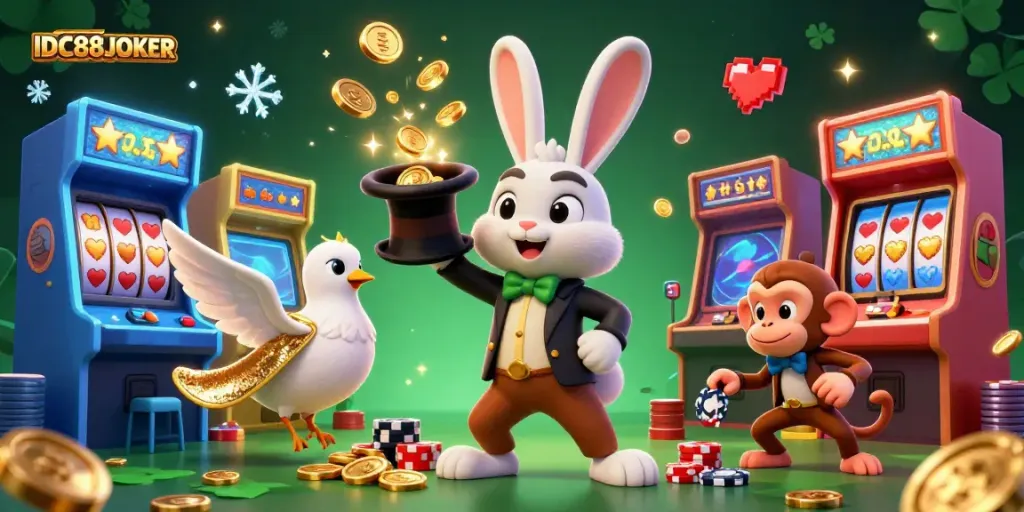 Engaging scene featuring a magician rabbit, dove, and monkey making fortunes at IDC88JOKER casino.