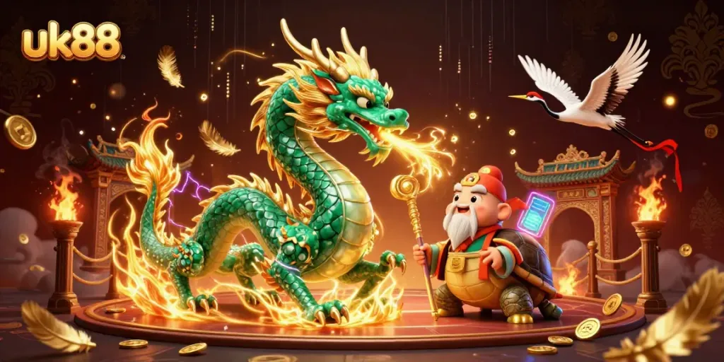 Experience thrilling wins at uk88 with a mystical dragon and lucky symbols amidst a vibrant 3D scene.