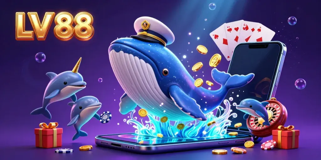 Experience the thrilling world of LV 88 with a cartoon whale in a captain's coat amidst a vibrant casino scene.