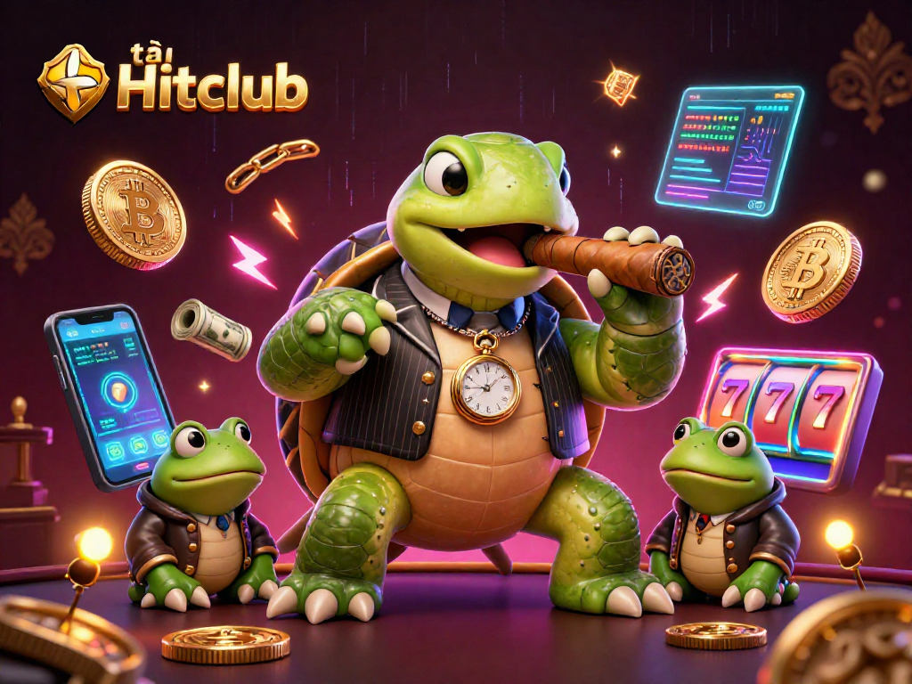 Play tải Hitclub in an engaging 3D scene featuring a turtle mobster and crypto elements.