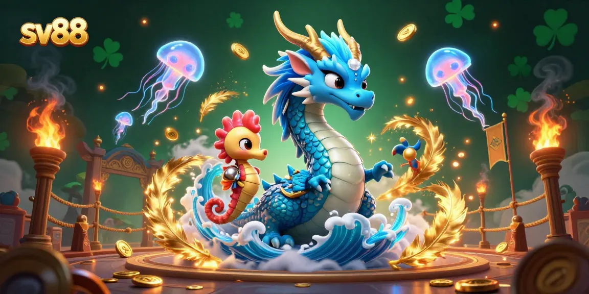 Experience thrilling gameplay at sv88 with a vibrant 3D underwater casino scene, featuring mystical creatures and gold.