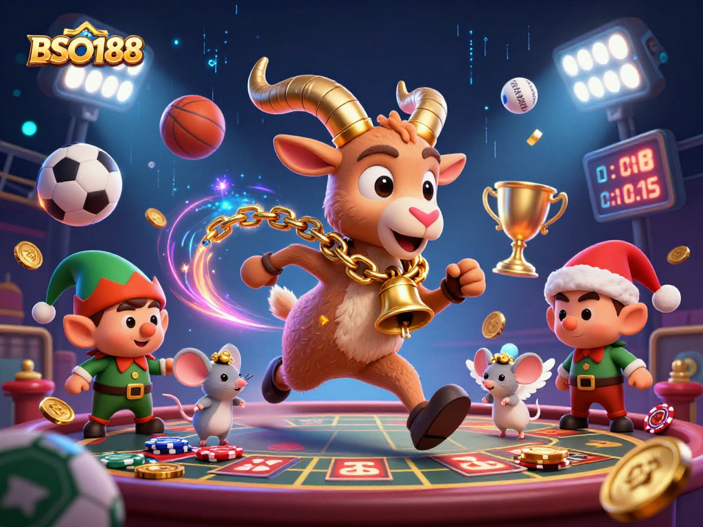Experience thrilling gameplay at BSO188 with festive characters in a vibrant casino scene full of action!