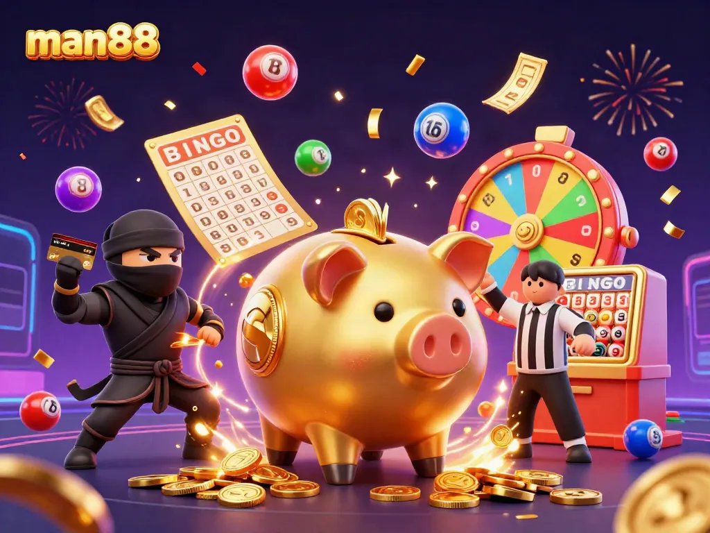 Engage in exciting gameplay at man88 with a vibrant scene featuring casino and lottery elements.