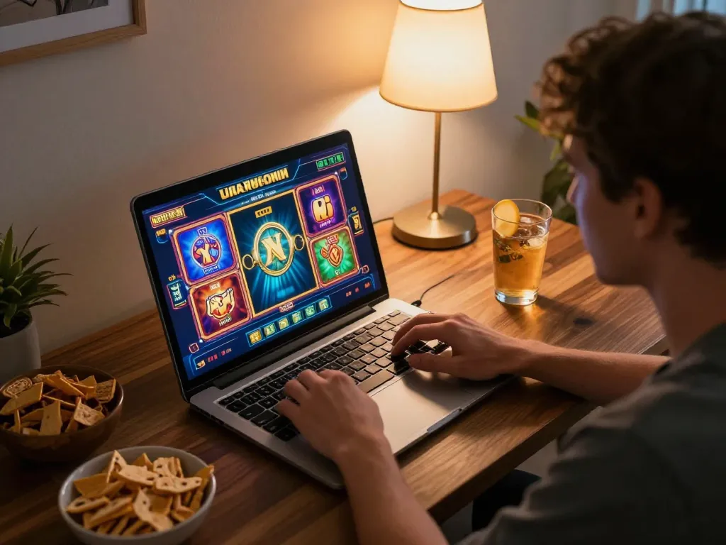 Enjoying the thrill of slot luar negeri at home with a laptop setup and engaging gaming atmosphere