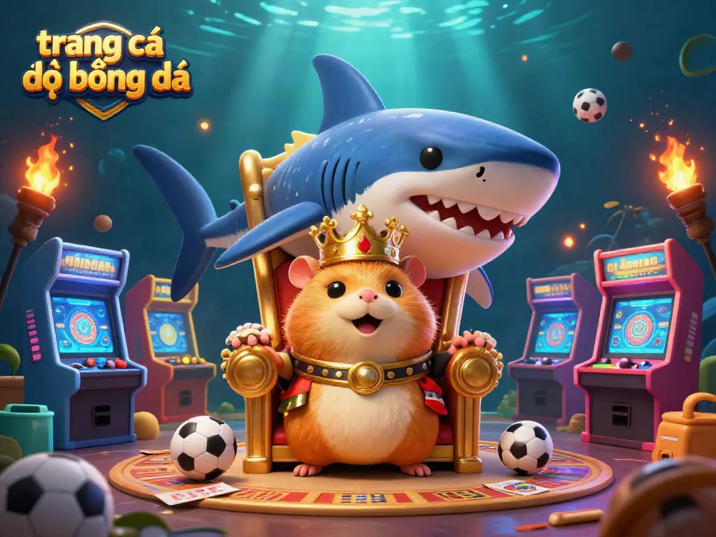 Trang cá đọ bóng đá với hình ảnh vua hamster vàng trên ngai răng cá mập, tạo không khí cá cược thú vị.