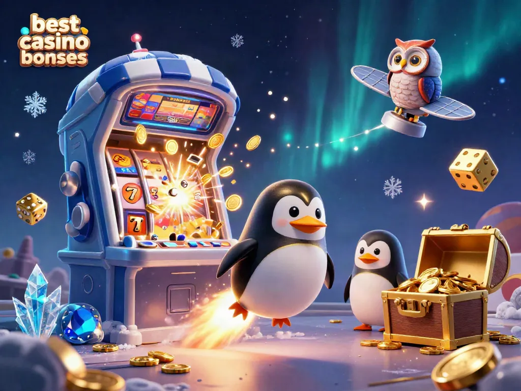 Experience the best online casino bonuses through this vibrant 3D illustration featuring a golden penguin and a slot machine.