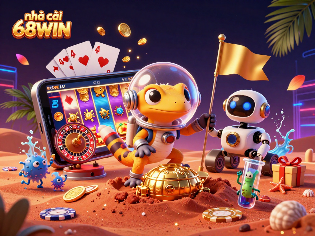 Experience vibrant gaming at nhà cái 68WIN with a dynamic 3D cartoon scene featuring a Martian gecko and casino elements.