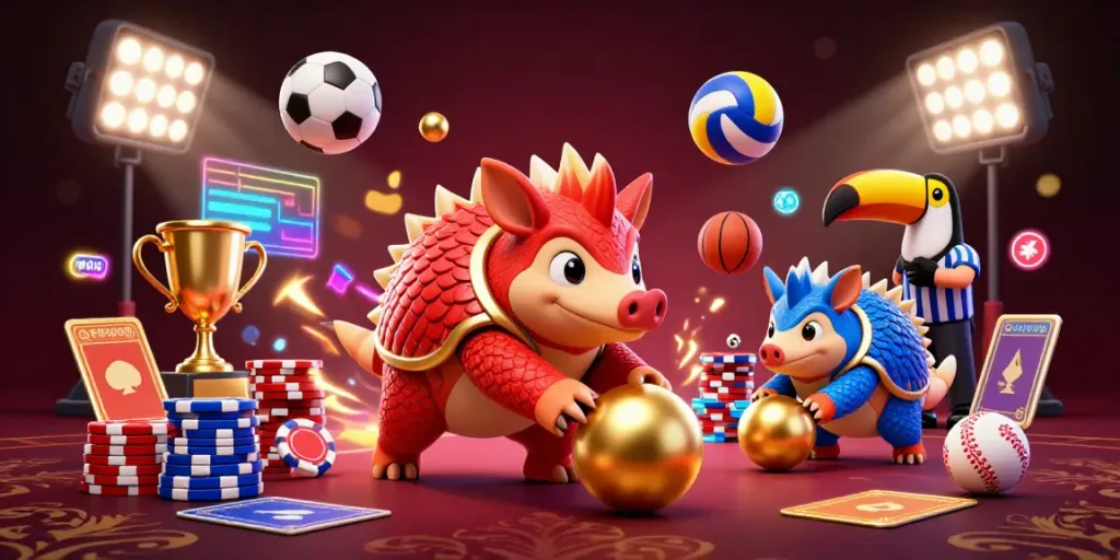 MPO08 pangolins compete in a dynamic casino scene, battling through golden balls and poker chips.
