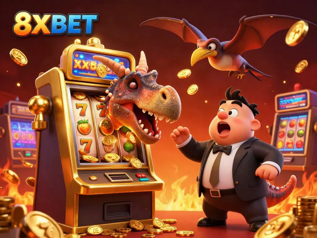 Catch the thrilling jackpot action at 8XBET with cartoon dinosaurs and exciting casino elements.
