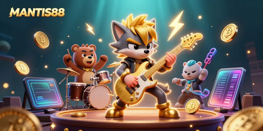 Engage with MANTIS88 as a 3D cartoon wolf rocks the stage with crypto elements at a dazzling casino.