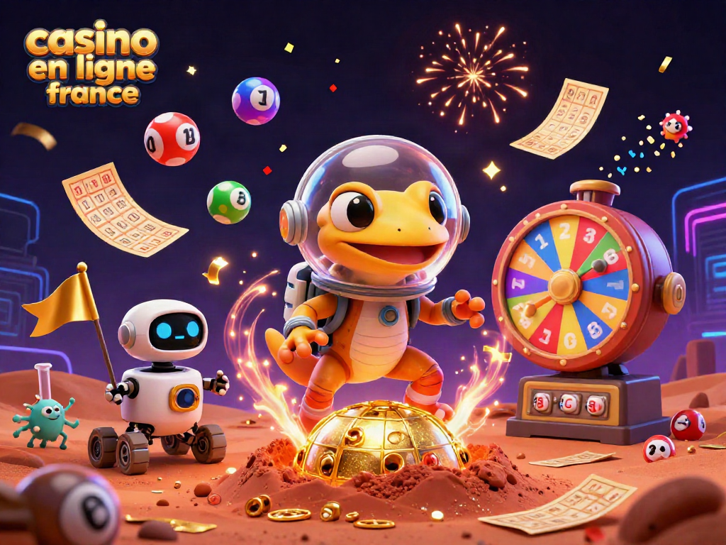 Découvrez le casino en ligne France avec une illustration dynamique d'un gecko martien et des éléments de jeu vibrants.