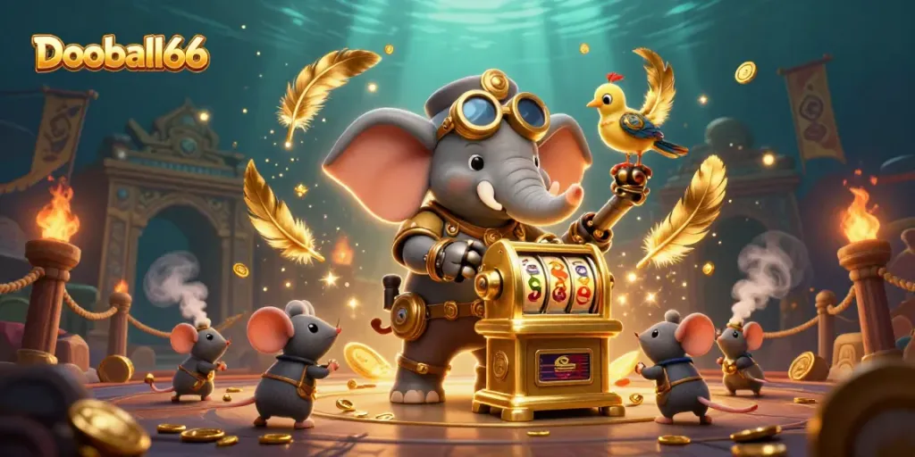 Experience thrilling gameplay with Dooball66, featuring a steampunk elephant operating a golden slot machine.