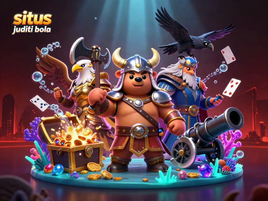 Experience thrilling sbobet games with the vibrant illustration of situs judi bola, showcasing Viking and eagle characters.