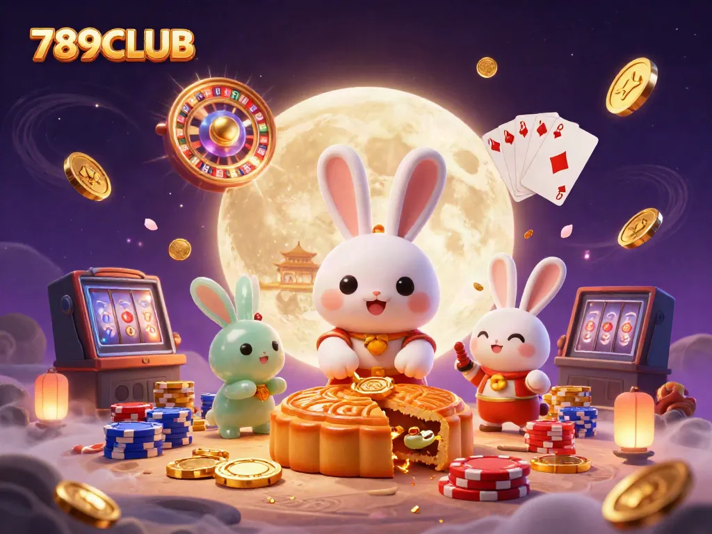 Experience the thrill of 789CLUB with a 3D moon rabbit illustration featuring games and gold.