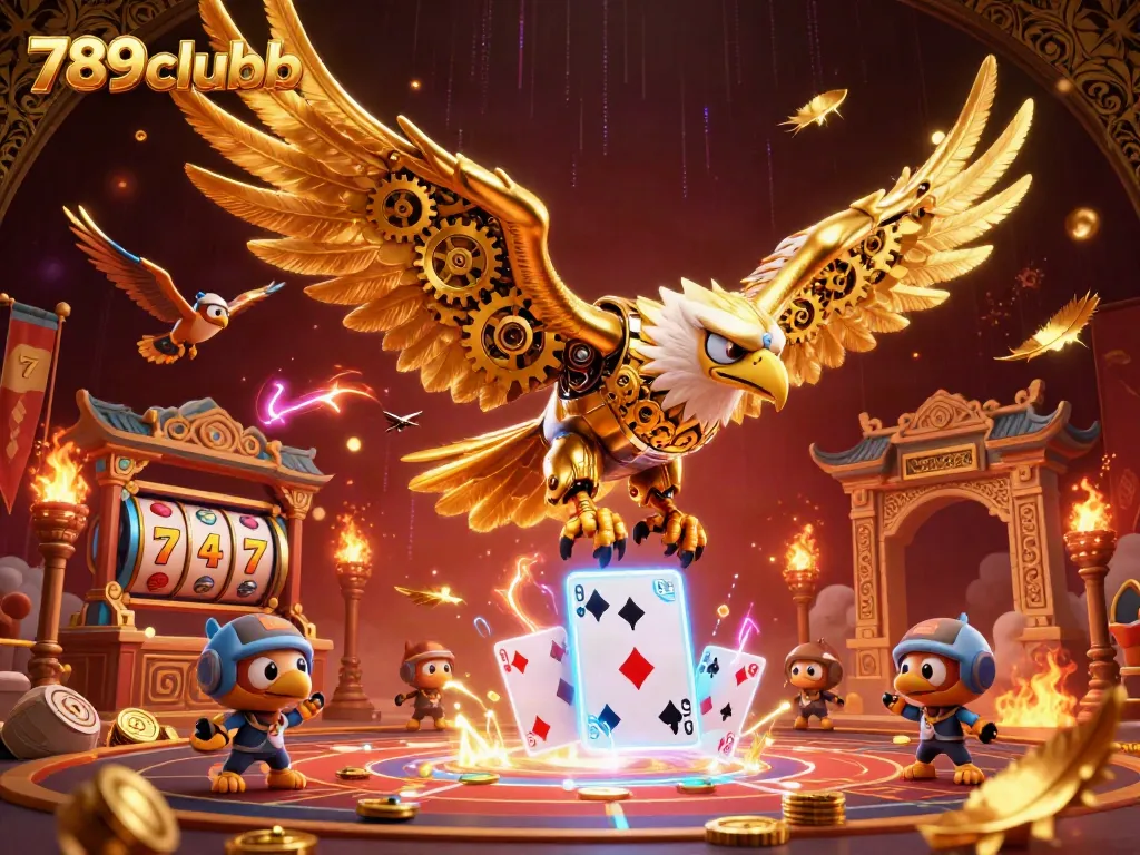 Engage with the thrilling 789clubb casino world featuring a cybernetic eagle amidst slots and gold coins.
