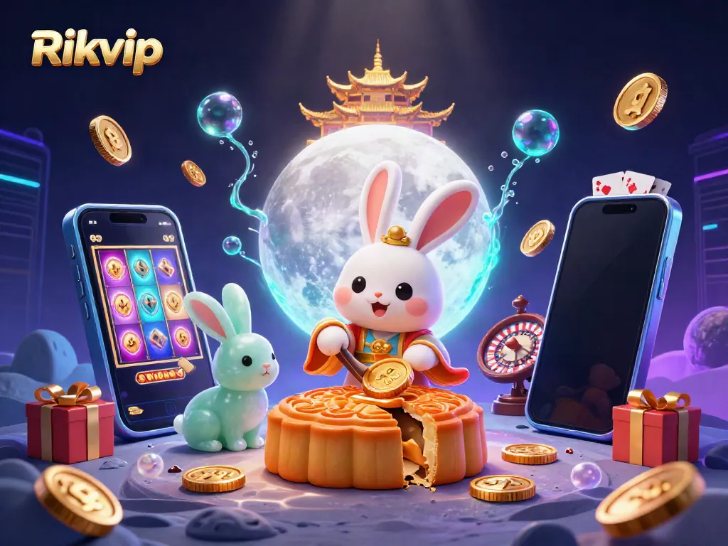 Join the fun at Rikvip as the moon rabbit reveals hidden poker chips in this vibrant casino scene
