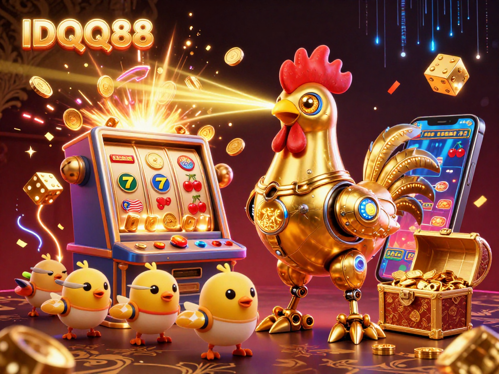 IDQQ88 offers thrilling casino gameplay with a golden robot and baby chick drones amidst exploding jackpots.