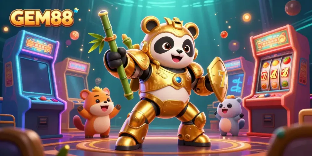 Experience excitement at GEM88 with a mech-suit panda battling in an arcade-filled casino.