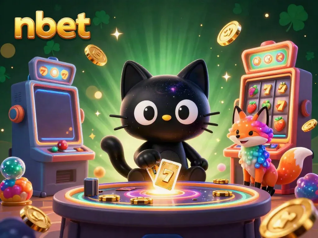 Engage with nbet's interactive casino as a black hole cat draws in chips and cards at a cosmic slot machine table.