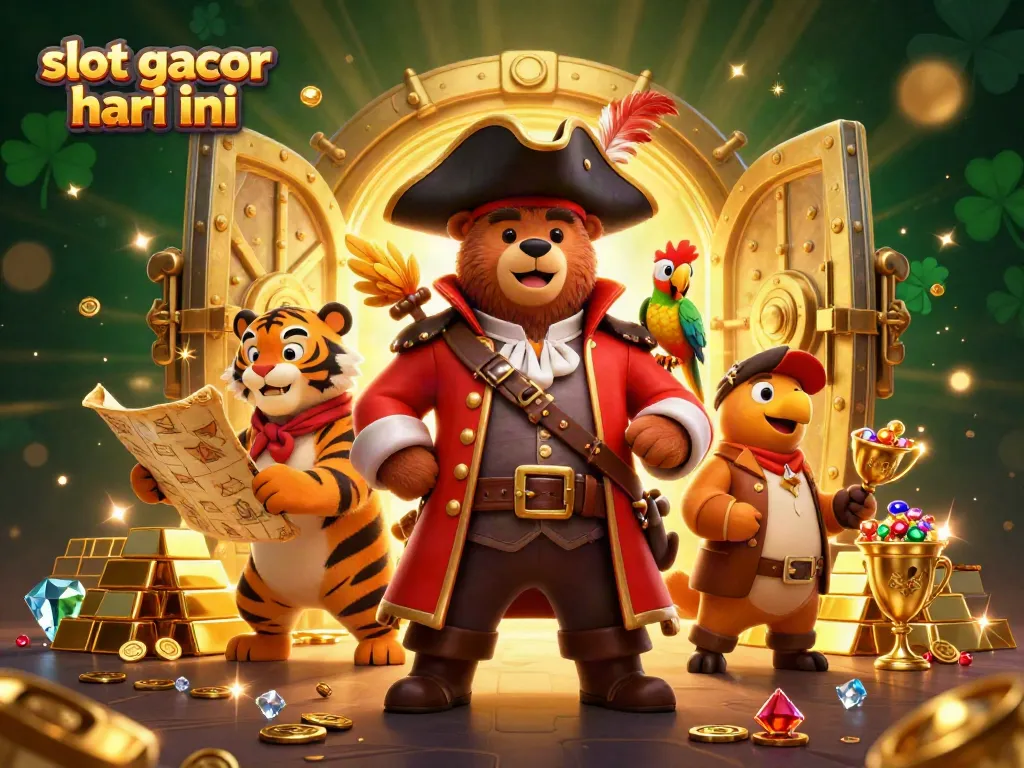 Explore exciting slot gacor hari ini with a pirate bear, tiger, and gold treasures in a dynamic casino scene.