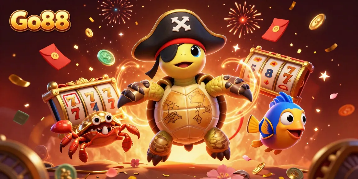 Go88 offers engaging experiences with a cartoon pirate turtle, lucky symbols, and captivating scenes.