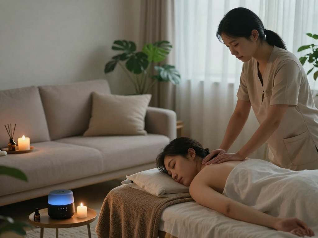 Relaxing home 환경 for 부평출장마사지 therapy with soft lighting and professional care.