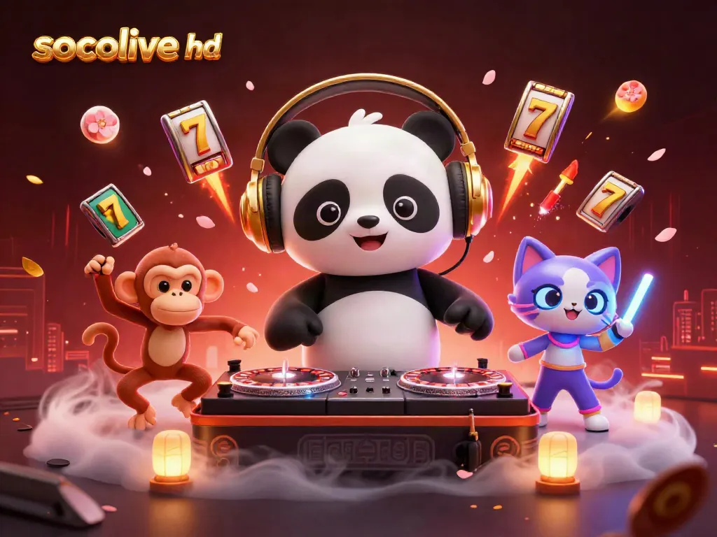 Socolive hd showcases live betting excitement with a DJ panda and slot reels dancing.