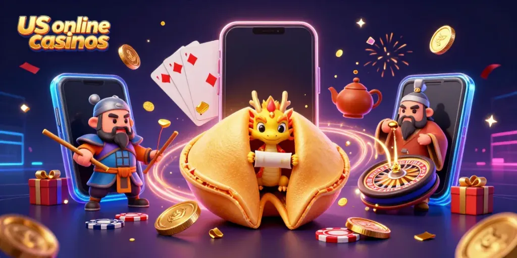 Join the excitement of us online casinos with a golden fortune cookie, wise dragon, and gaming elements.