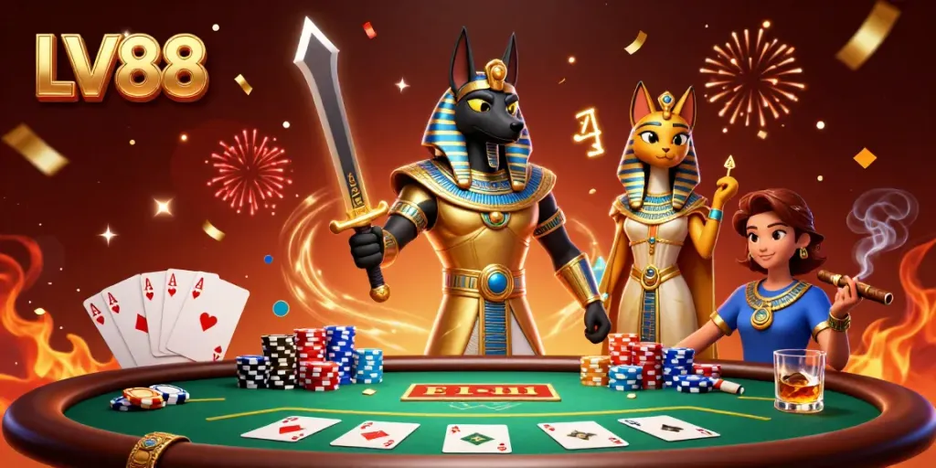 Experience the thrill of LV88 with Anubis and Bastet at an exciting poker table.