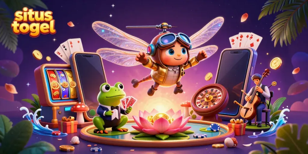 Experience situs togel excitement with a dynamic 3D gambling illustration of a dragonfly pilot and frog croupier.