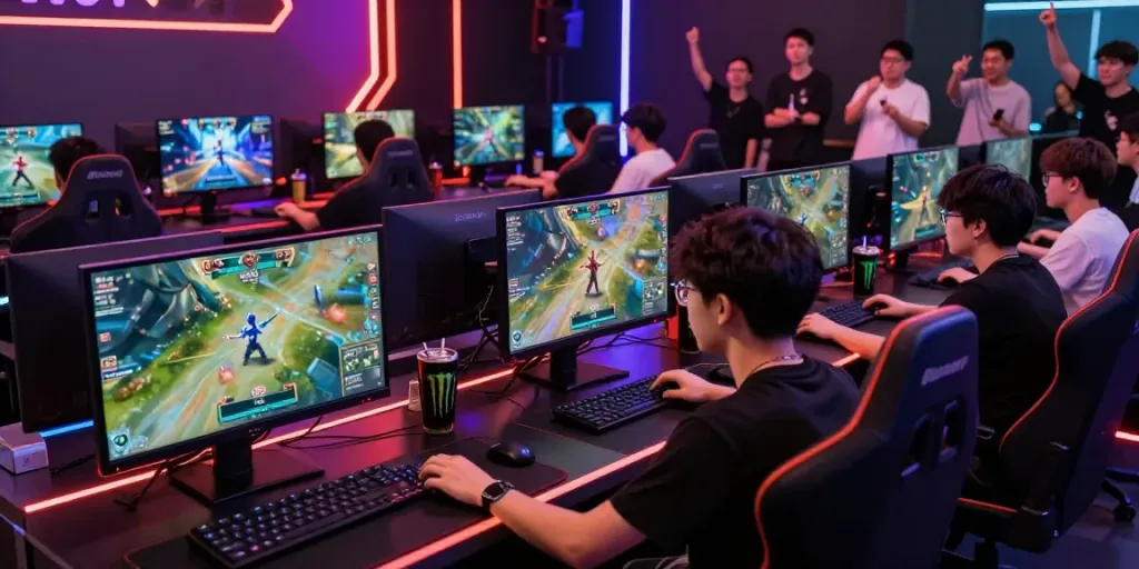 Exciting esports tournament scene with players and gaming setups at fabet.