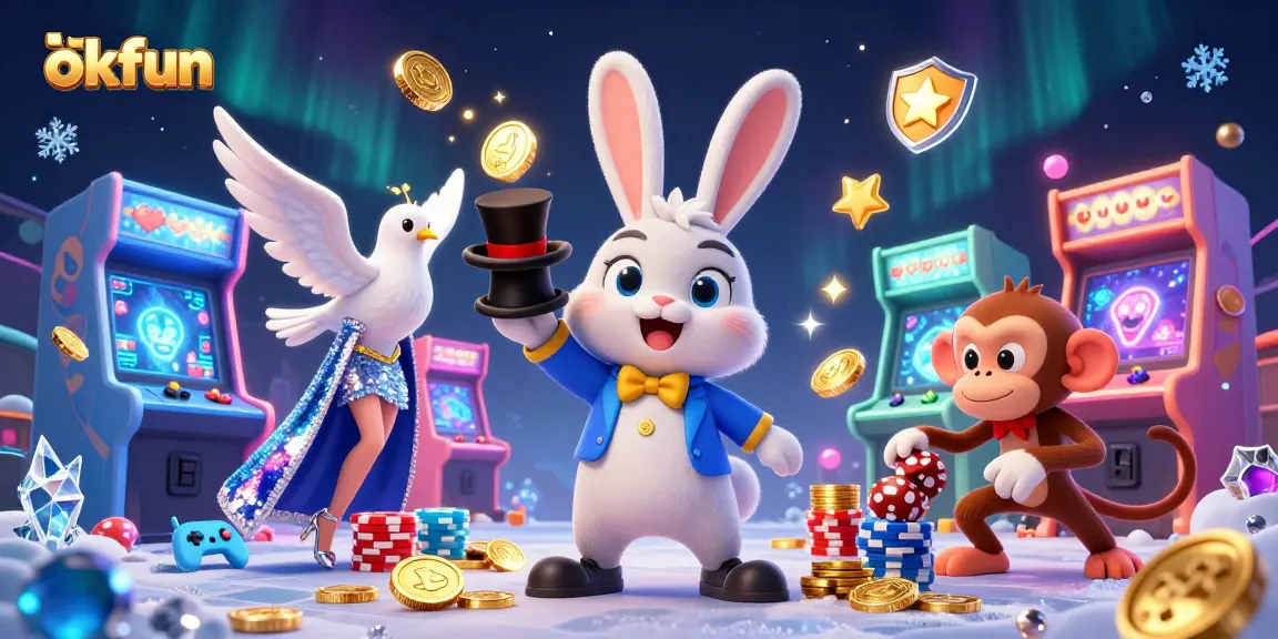 Experience winning moments with okfun in a vibrant 3D casino scene featuring magical elements and characters.