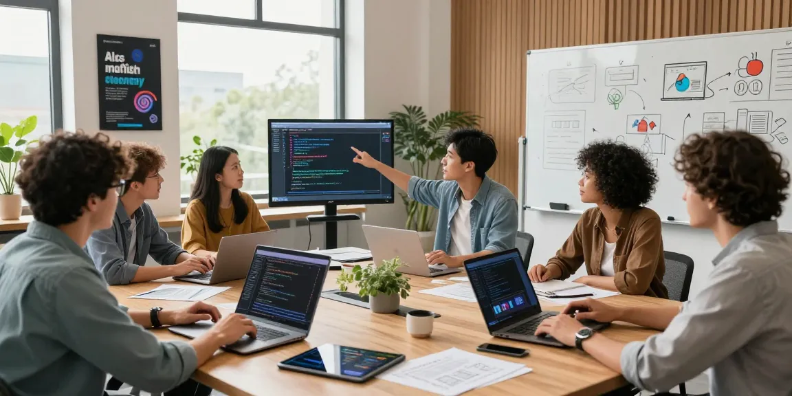 Dynamic team building internal tools with AI in a modern office setting with laptops and collaboration.