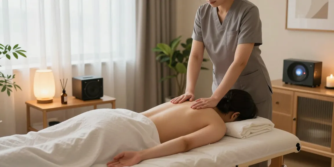 화성출장마사지 in a tranquil home setting with professional masseuse and calming atmosphere.