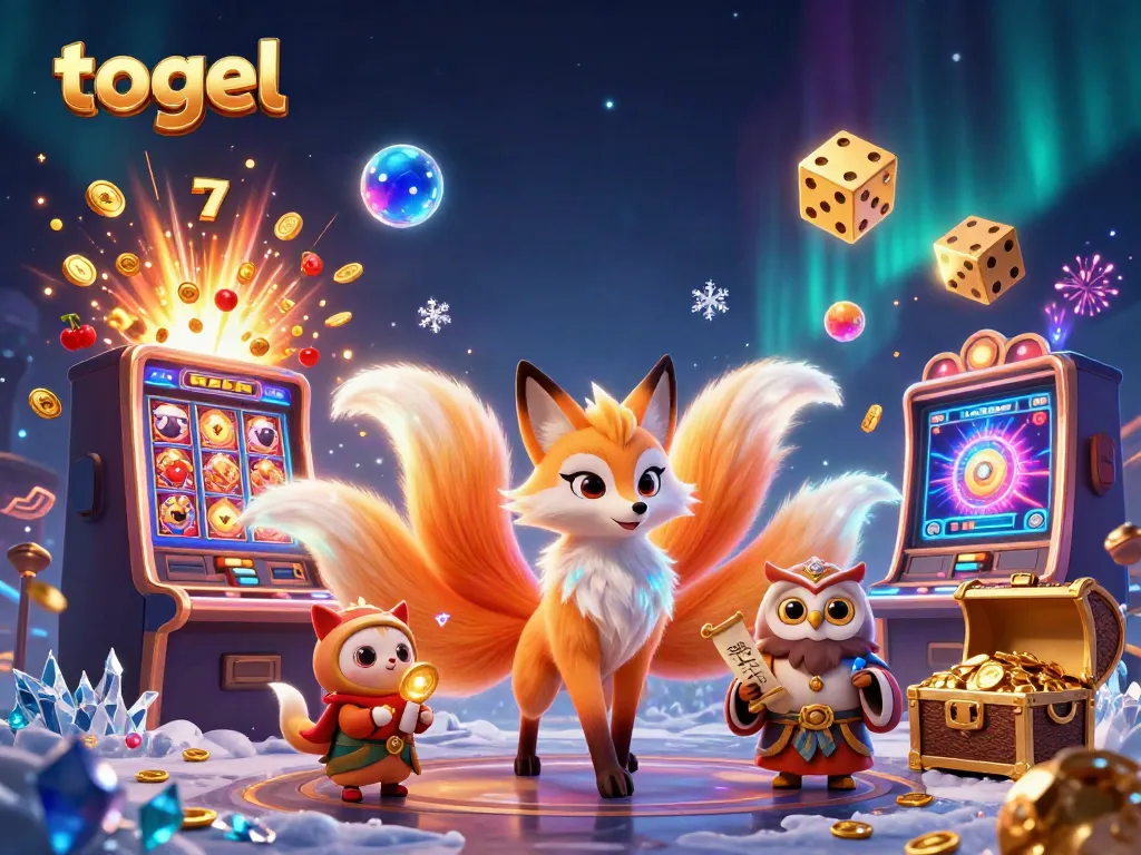Win big with togel in a vibrant 3D illustration featuring lucky symbols and a mystical fox.