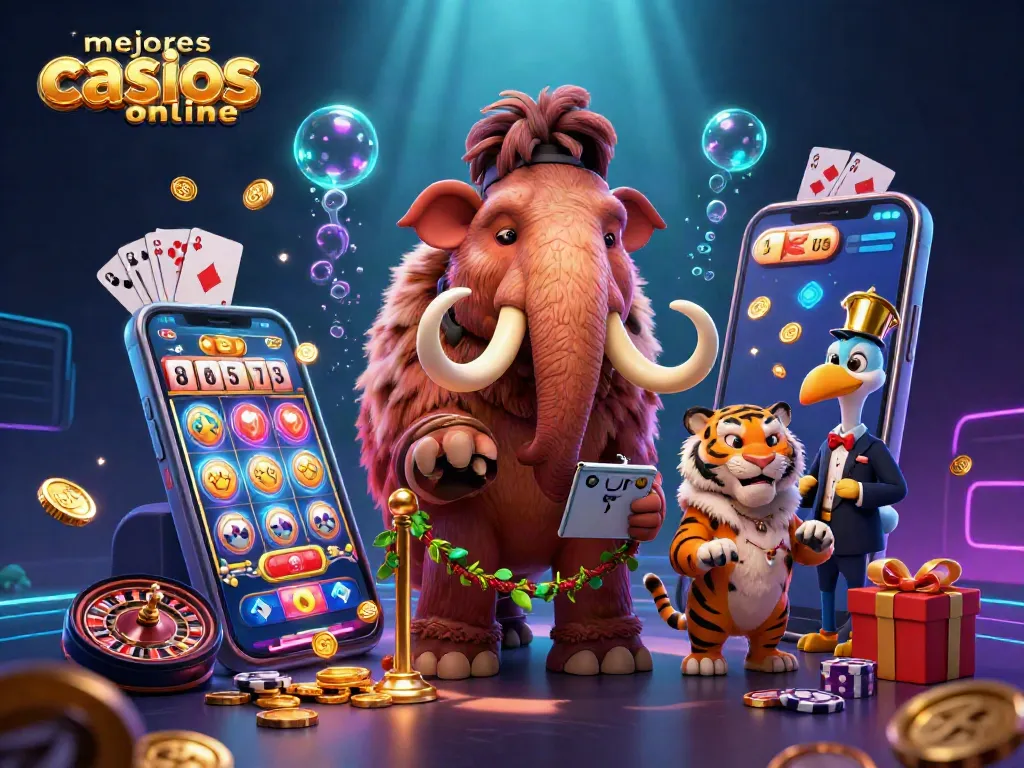 Mejores casinos online: ilustración vibrante de casino con personajes animados y juego de tragamonedas.