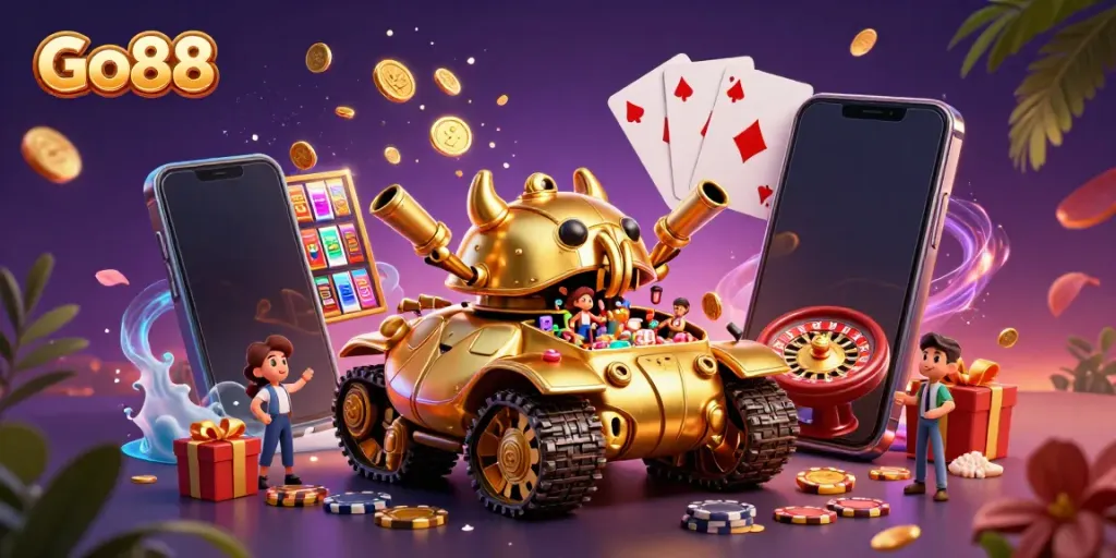 Experience the thrilling world of Go88 with a captivating casino scene inside a golden tank.