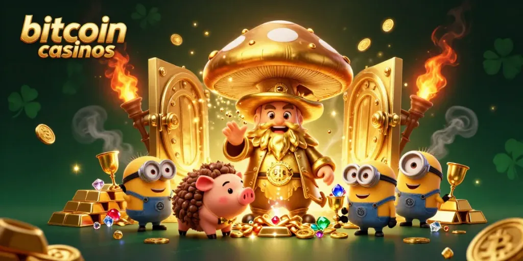 Engage with bitcoin casinos excitement through magical 3D illustration featuring treasure and whimsical characters.