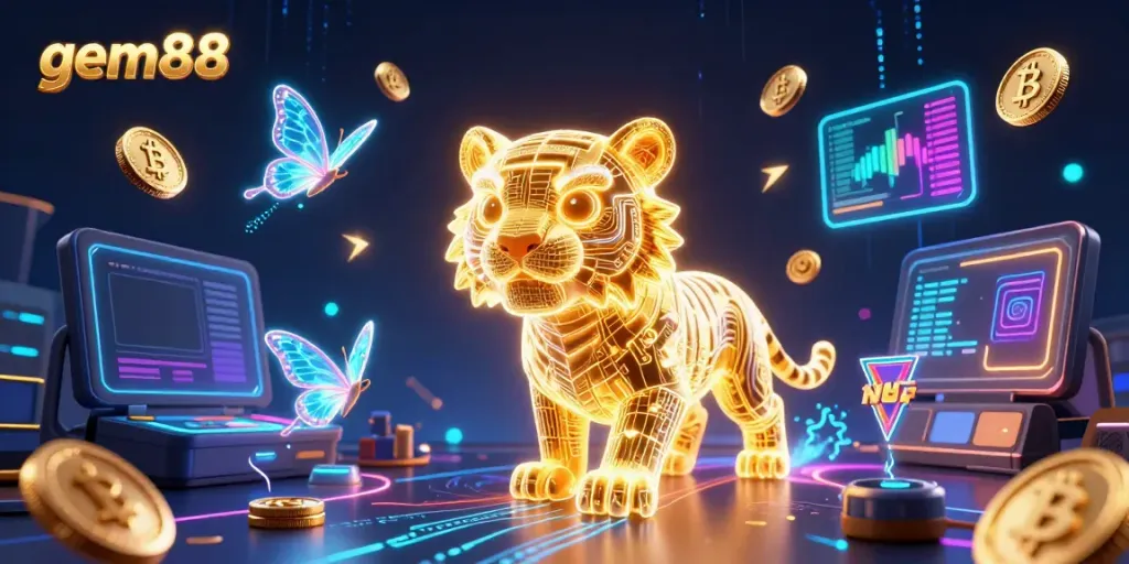 Experience thrilling gameplay at gem88 with a golden energy tiger in a vibrant digital casino scene.