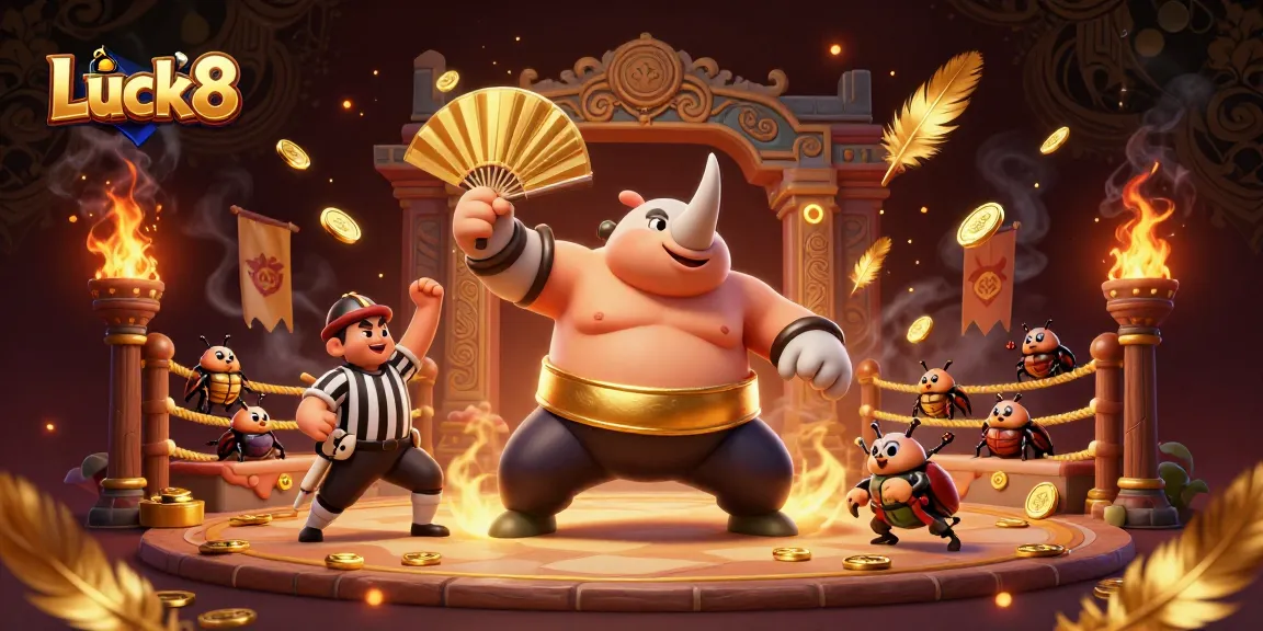 Luck8 gameplay scene with vibrant cartoon beetle characters competing, showcasing exciting casino elements.