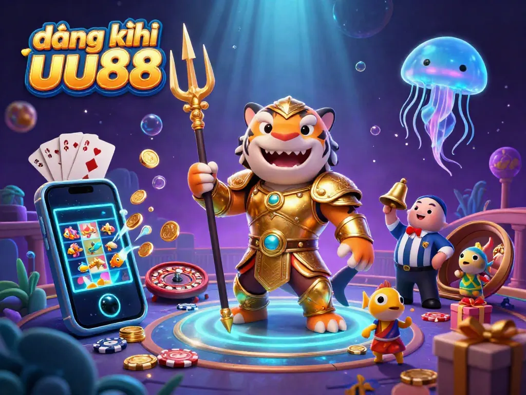 Join the excitement and register at đăng ký uu88, featuring an underwater gambling scene with vibrant characters and game elements.