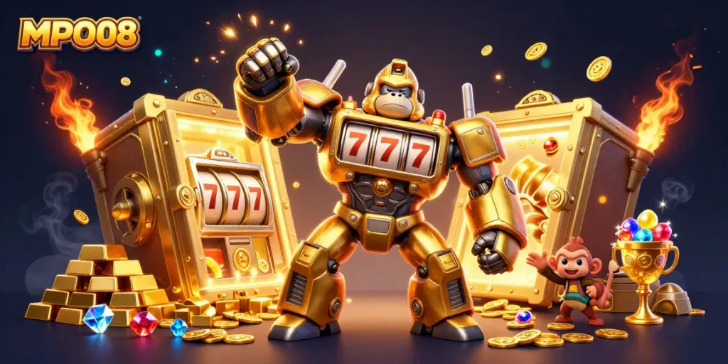 MPO08 showcases a golden gorilla mech with slot machine parts amid a treasure-filled casino scene.