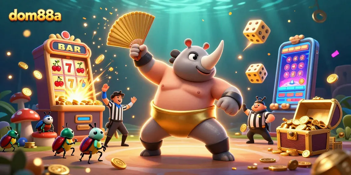 Experience dom88a’s thrilling jackpot action with vibrant casino elements and dynamic cartoon characters.