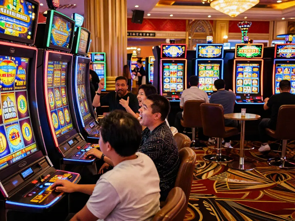 Players enjoying rokok88 slot machines in a vibrant casino atmosphere filled with excitement and colorful lights.