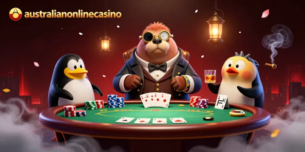 Experience the thrilling world of australianonlinecasino with a whimsical underwater poker scene featuring unique characters and vibrant game elements.