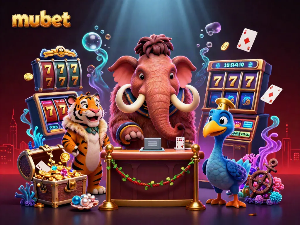 Engage with mubet in this vibrant 3D scene showcasing a woolly mammoth bouncer and VIP tiger.