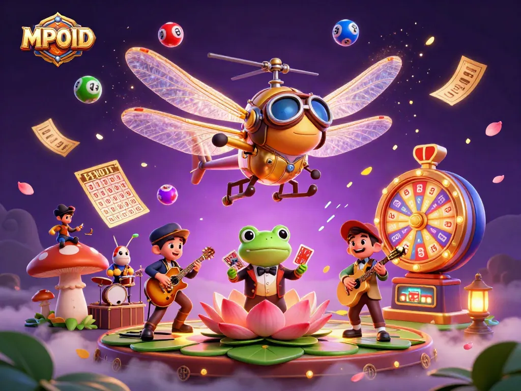 MPOID showcases a vibrant 3D casino scene with a dragonfly pilot, frog croupier, and lively jazz musicians.