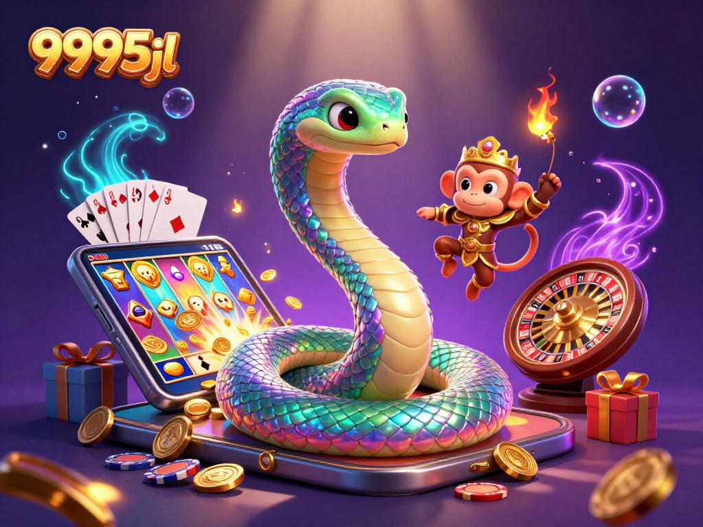 Engage with 9995jl's vibrant casino scene featuring a rainbow serpent and monkey king.