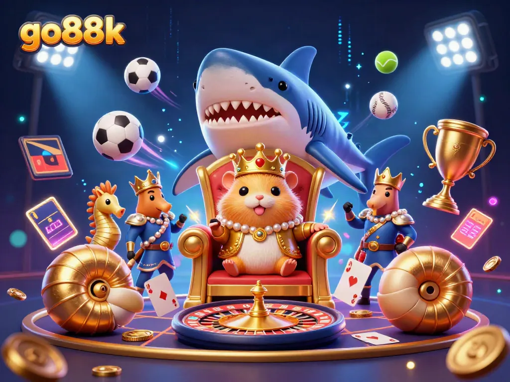 Experience go88k gaming excitement with a vibrant 3D casino scene showcasing a fierce hamster king and dynamic sports elements.